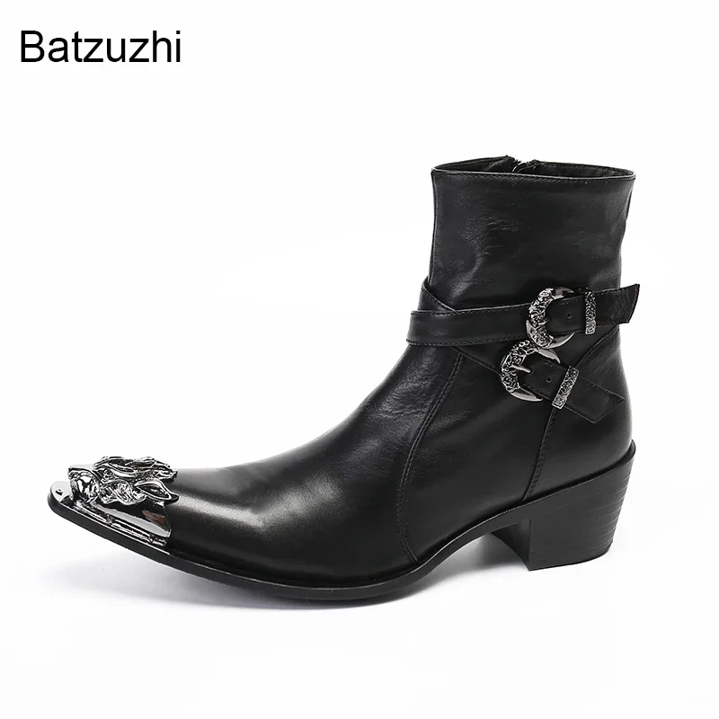 Batzuzhi Western Cowboy Men Boots Rock Pointed Metal Toe Black Genuine Leather Ankle Boots Men 6cm High Heels Knight/Party Botas