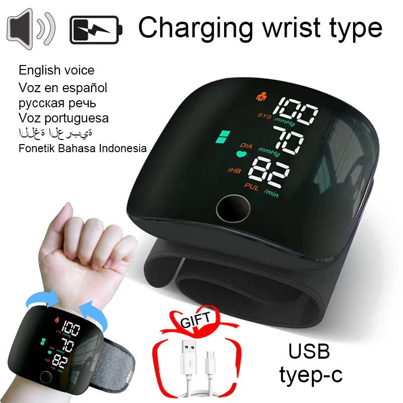 Digital Wrist Blood Pressure Monitor, Rechargeable LED Medical Tonometer, BP Monitor, English, Russian, Portuguese, Spain Voice