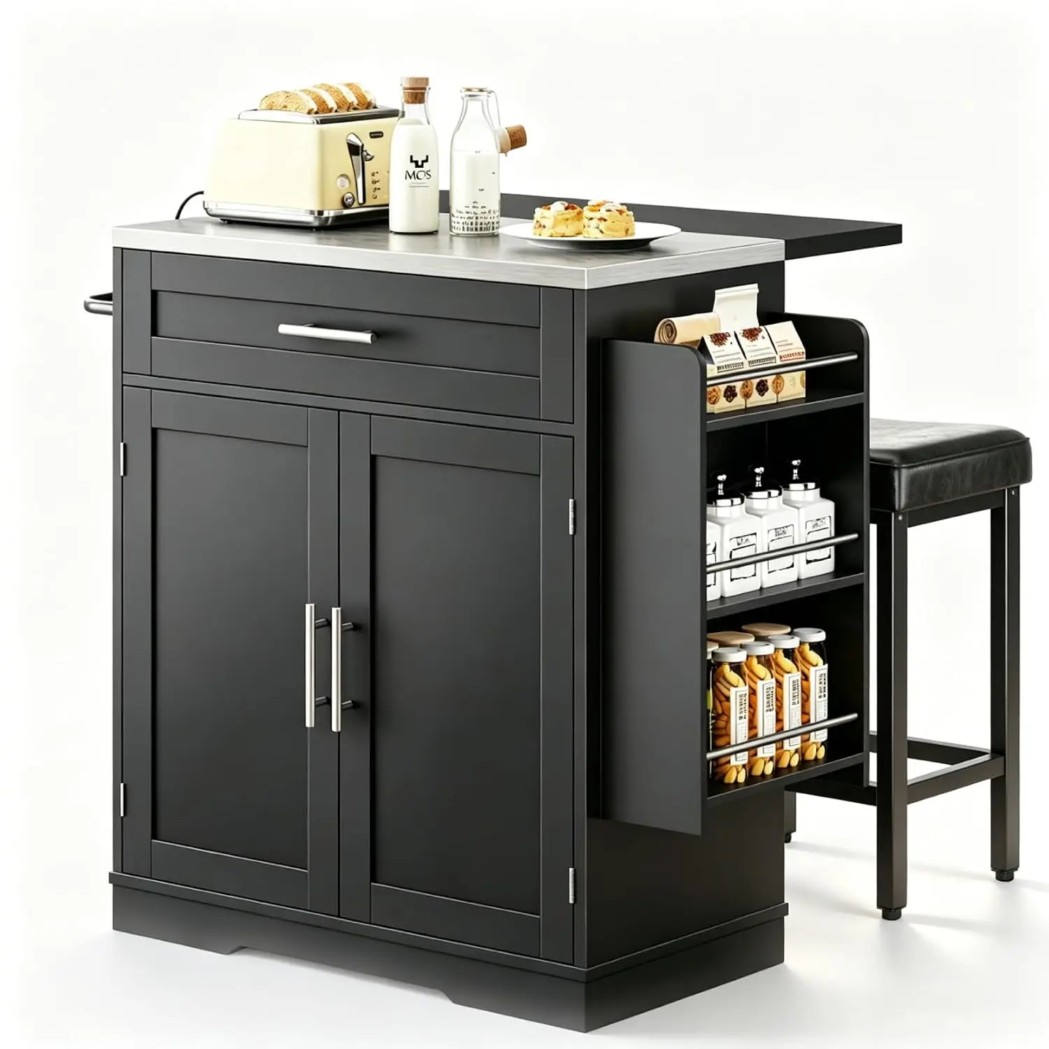 41'' Kitchen Island Stainless Steel Countertop Folding Drop Leaf Stool Power Outlet Spice Towel Storage Cabinet, Customized