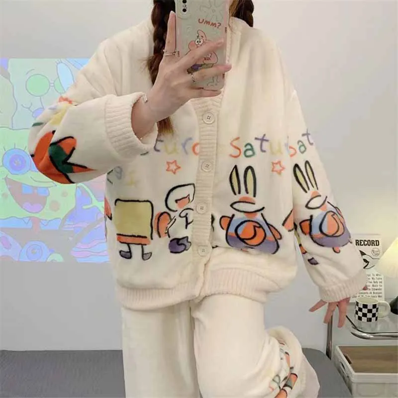Kawaii кардиган, плюшевый женский пижамный комплект, зимний флисовый бархатный комплект из 2 предметов, домашний костюм для сна, пушистая корейская пижама, теплая ночная одежда