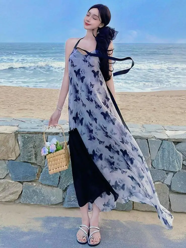 

Retro Women's Black Butterfly Print Patchwork Backless V Neck Halter Dress Summer Sleeveless Slim Off Shoulder Vacation Dresses