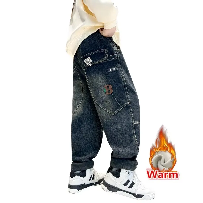 

Brand New Kids Retro Winter Insulated Jeans Pants For Boys Casual Thickened Warm Fleece-Lined Denim Trousers For Teens Child