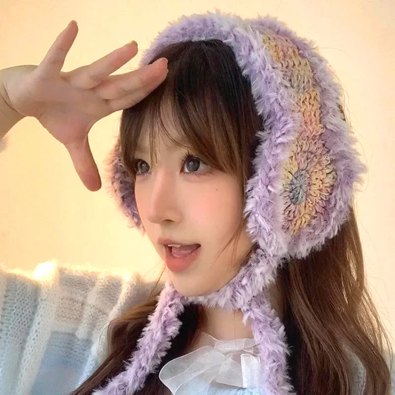 

1PC Gradual Change Color Knitted Earmuffs Handmade Wool Flower Strappy Plush Earlap Beanies Warmer Windproof Winter Accessories