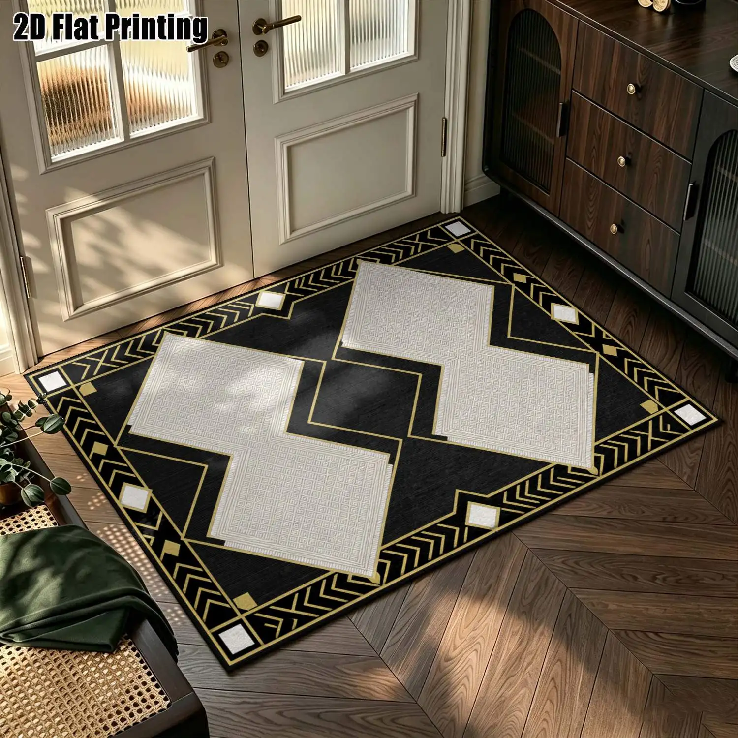 1Pc 2D Printed Carpet: Black Base, Gold Frame Geometric Patterns Nordic/Modern Minimalist/European/Vintage Designs, Machine Washable, Multiple Sizes, Ideal for Home Decor, Entryway/Dining Room/Foyer/Bedroom/Living Room.