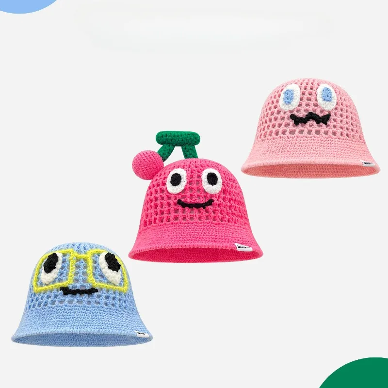 

New Korean Niche Cute Cherry Hollow Hand-woven Bucket Hat Women Spring and Summer Funny Knitted Breathable Dome Basin Cap