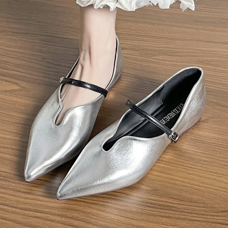 

Элегантные кожаные туфли Мэри Джейн с острым носком, женские балетки в стиле ретро с мелкой пряжкой и ремешком на мягкой подошве, повседневные удобные лоферы