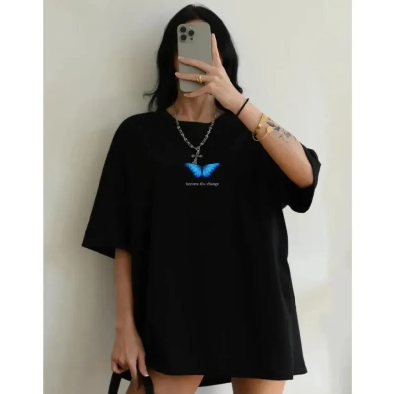 

Print Blue Butterfly Pure Cotton Women's T-shirts Unique Loose & Slimming Design Y2k Fashion Exquisite Trend Clothes For Women