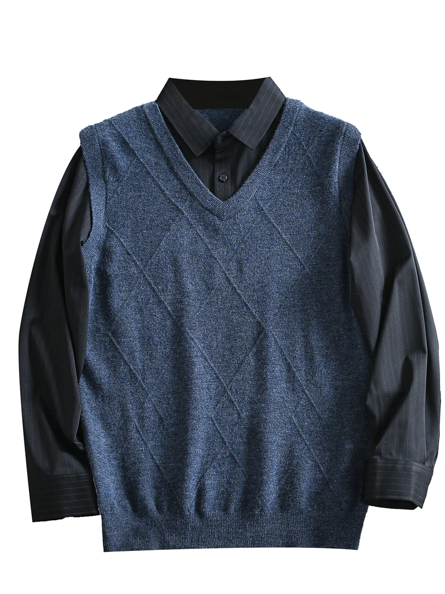 

Gentleman's Anti-Aging Spring Casual Knitted Sweater Men's irt Collar Fake Two-Piece Pullover Base Layer Faion Ci Busin...