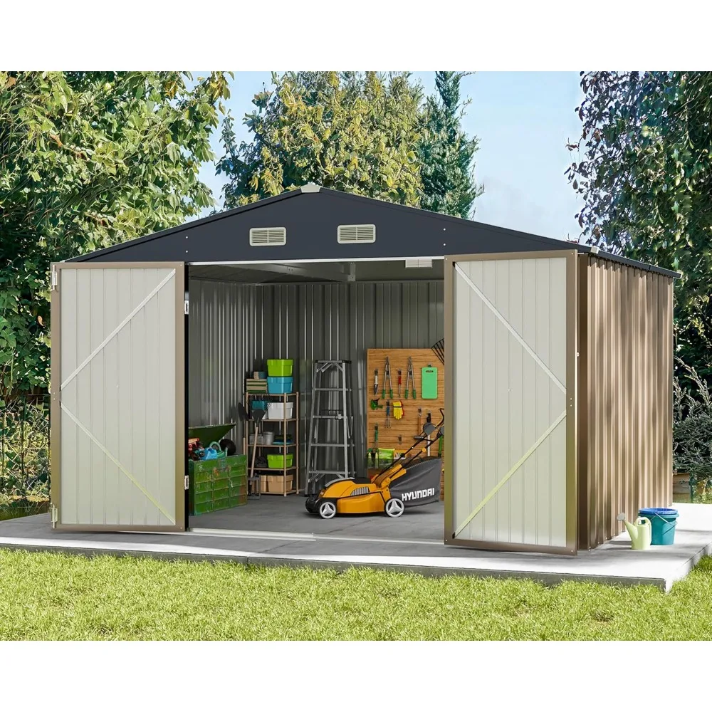 Metal Shed Storage House com porta e fechadura, Utility Tool, galpão ao ar livre, prateleiras de aço, 10ft x 8ft