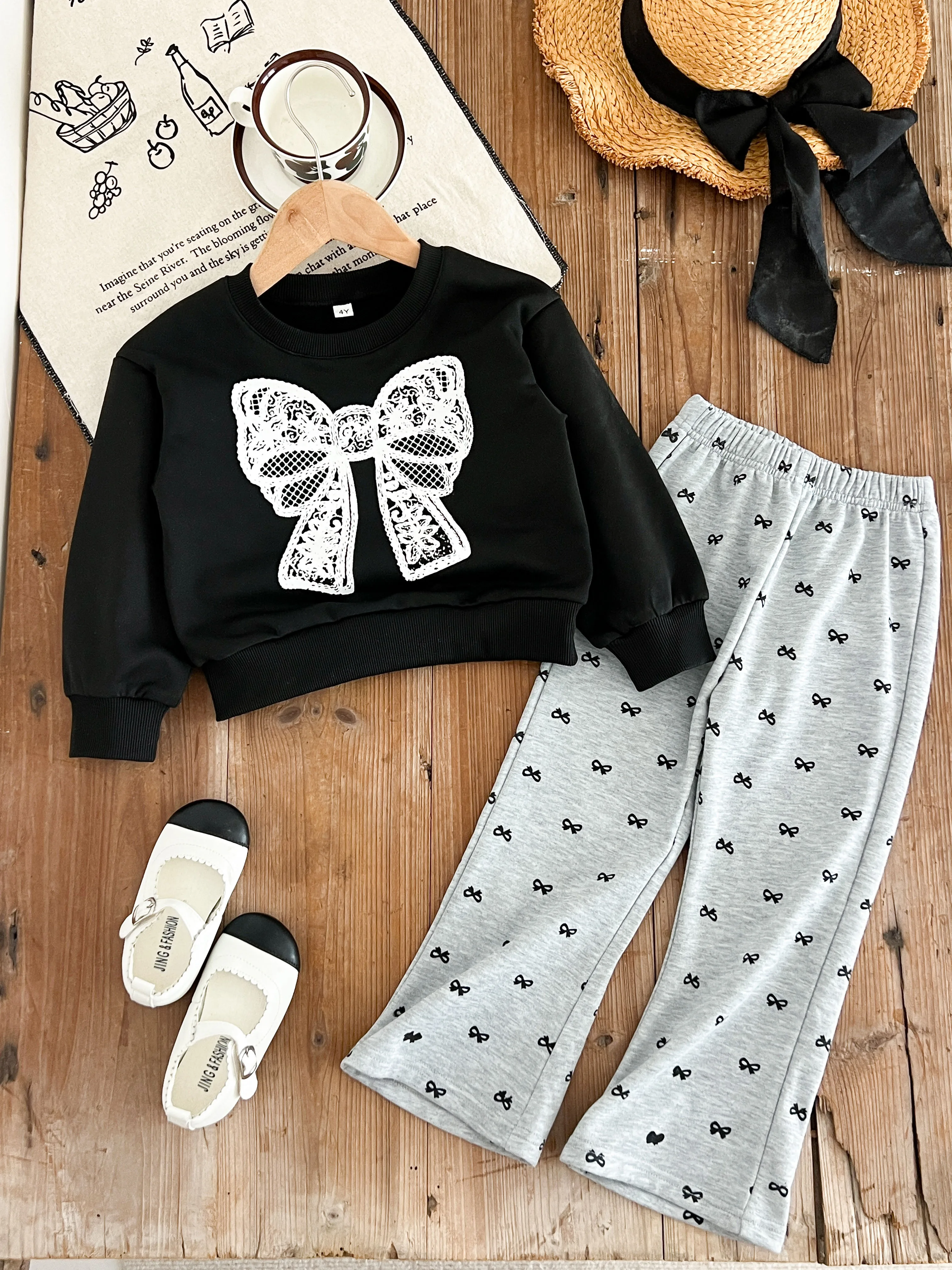 Kinder Kleidung Mädchen Herbst Mode Bogen Druck Lange ärmeln Sweatshirt + Ausgestellte Hosen Sets kinder Täglichen Casual Wear