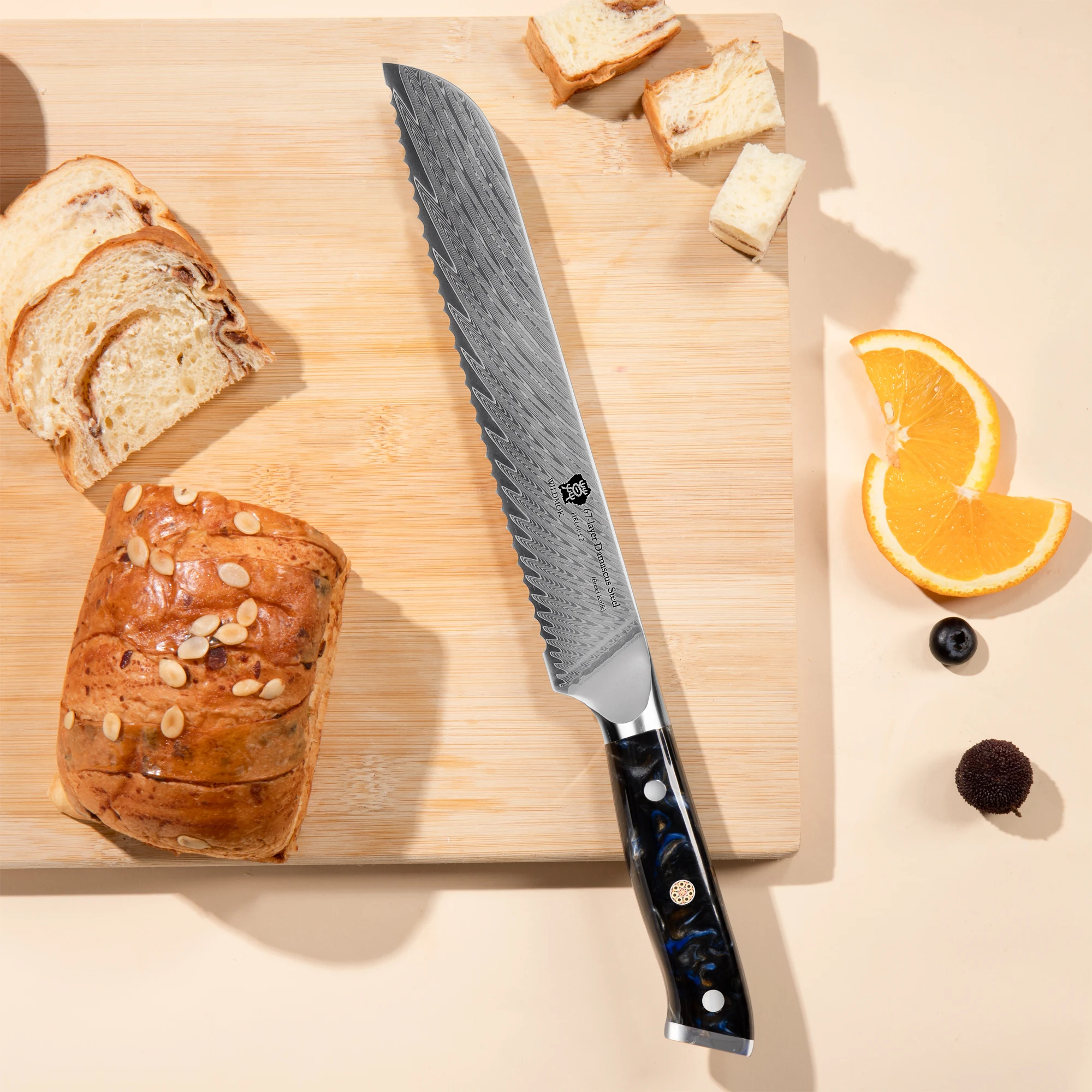 

WILDMOK Damascus 8" Serrated Bread Knife, Ergonomic Full Tang Resin Handle, Razor Sharp Beautiful Damascus Steel Feather Pattern