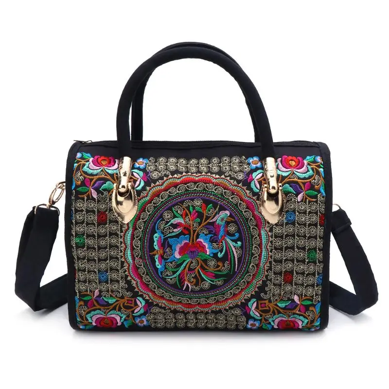 E74B Women Floral Embroidered Handbag Ethnic Boho Canvas Shopping Tote Zipper Bag