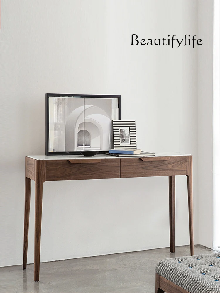 

Italian Light Luxury Entrance Cabinet Marble Modern Minimalist Walnut Solid Wood Stone Plate a Long Narrow Table Console