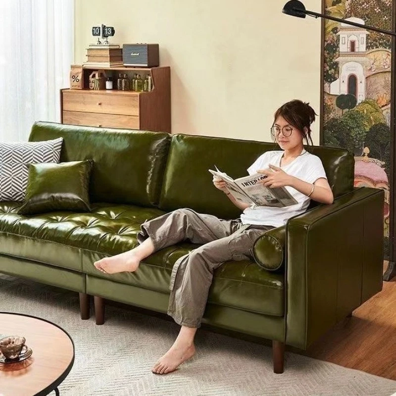 Medieval style sofa small apartment living room French retro simple fashion three-person caramel color oil wax leather sofa