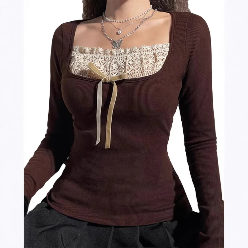 

Y2k Long Sleeve Knitted Shirt Female Lace Spliced Neck Knitted T-shirt Bow Decorated Joker Pullover