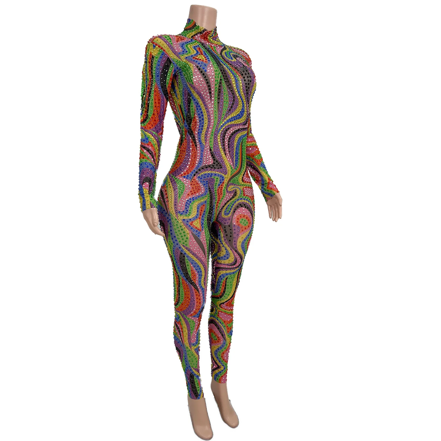 Seksowny kombinezon damski z długim rękawem, kolorowe paski, diamenty, jednoczęściowy strój z dżetami, kombinezon na imprezę, strój sceniczny.