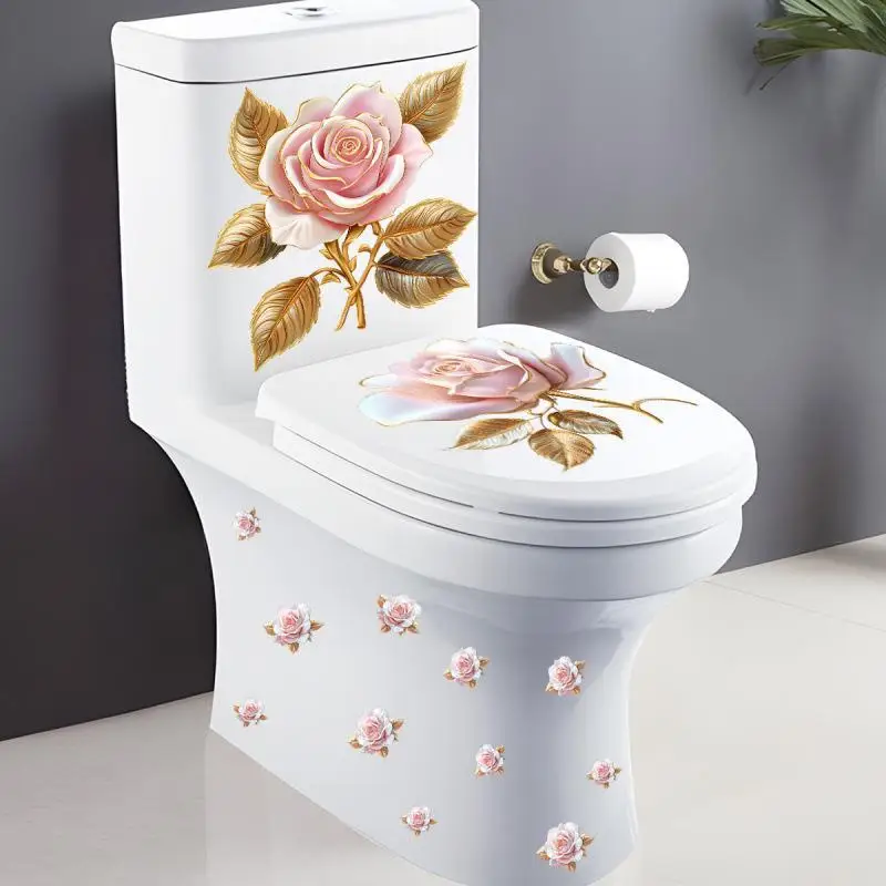 Luxury Pink Rose Floral Toilet Sticker, Waterproof Self-Adhesive Bathroom Decor Sticker Wall Stickers Wall Sticker Wall Decor