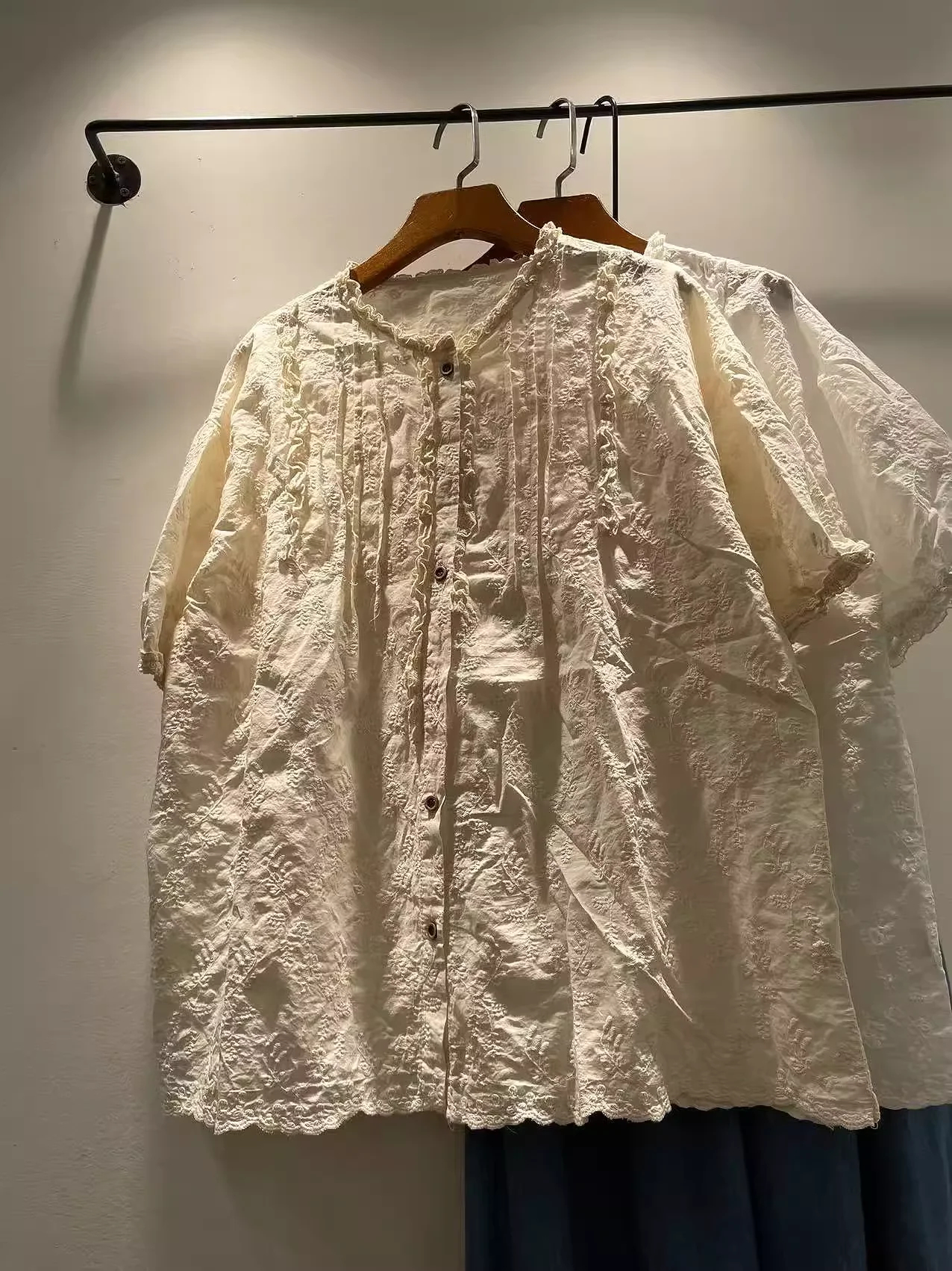 

2025 Women's elegant shirts Japan fashion 100% cotton white beige lace embroider shirts and blouses boho clothing