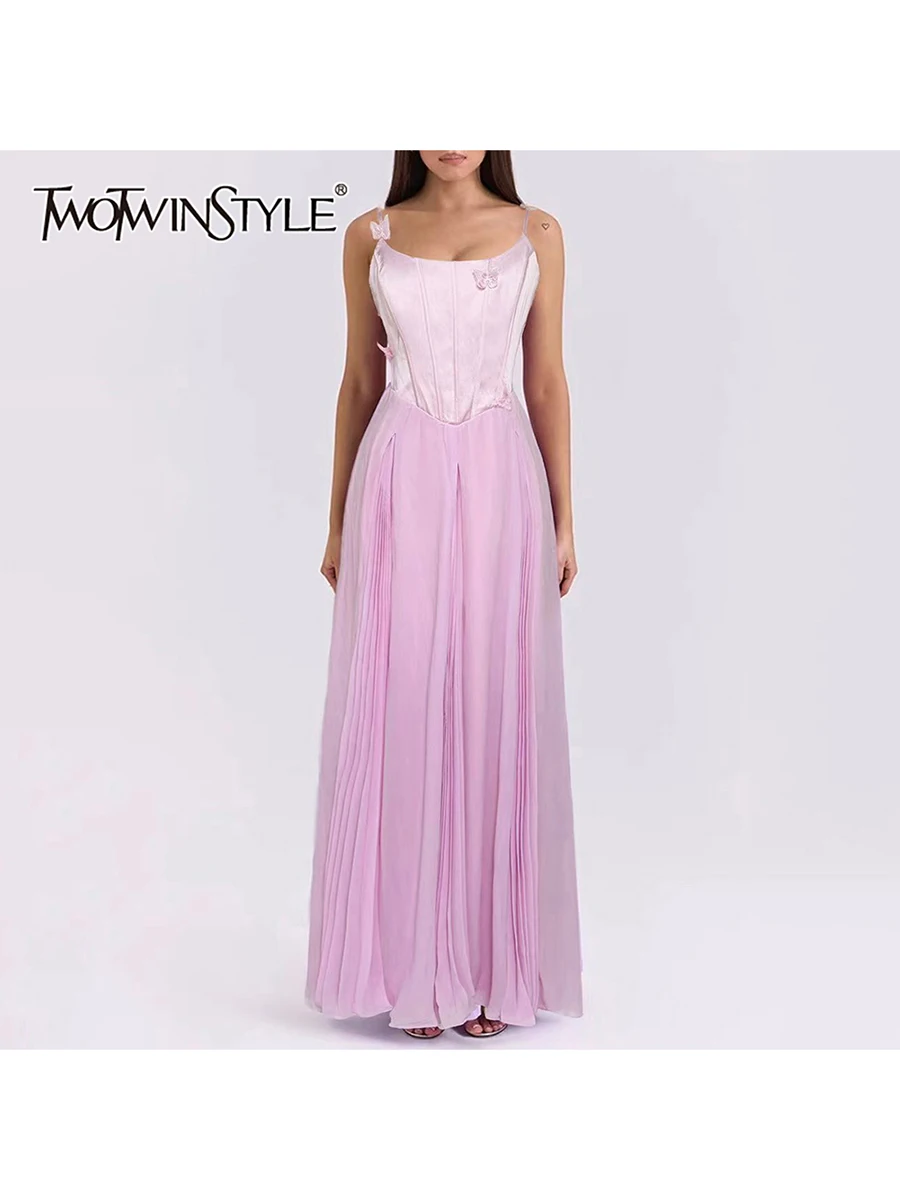 

TWOTWINSTYLE однотонные утягивающие элегантные платья с аппликацией для женщин, туника без рукавов с квадратным вырезом, лоскутное платье со складками, женское