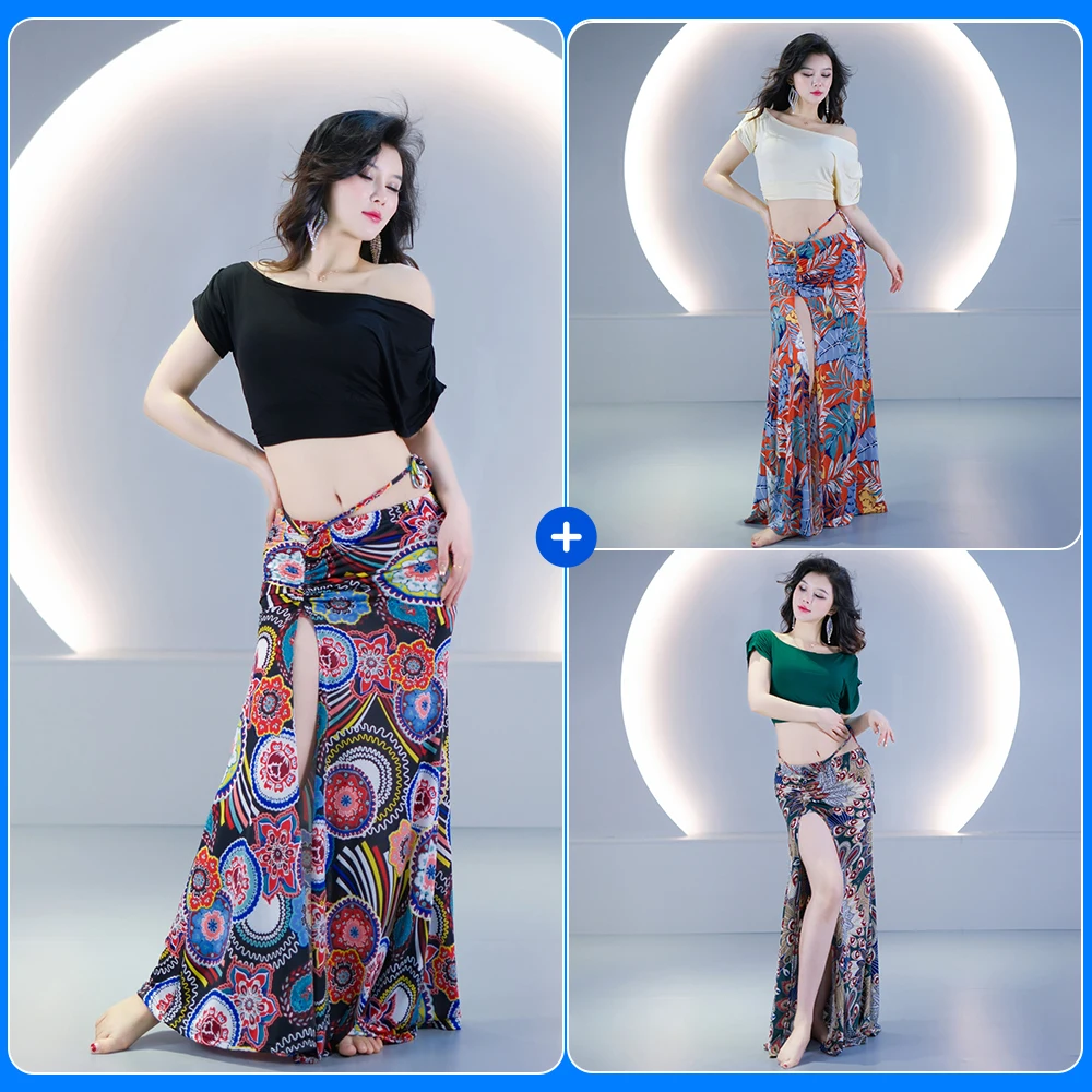 

Одежда для танца живота с одним разрезом, юбка и топ, комплект из 2 предметов для взрослых женщин, сексуальный танцевальный костюм, костюм для выступления на сцене