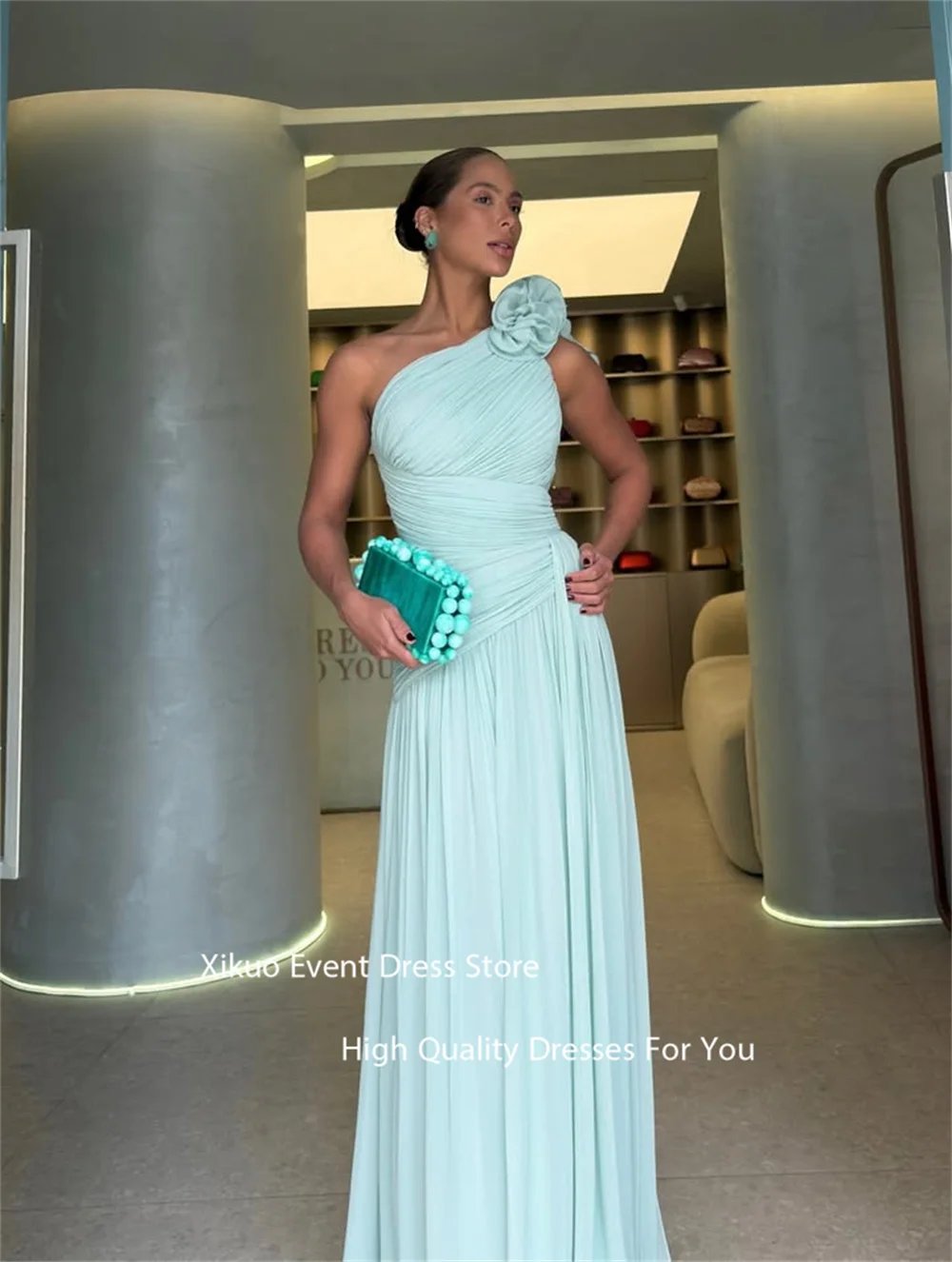 Xikuo-preciosos Vestidos de Noche de un hombro, vestido de fiesta fruncido con flores en 3D, Vestidos de gasa Para Eventos Especiales personalizados