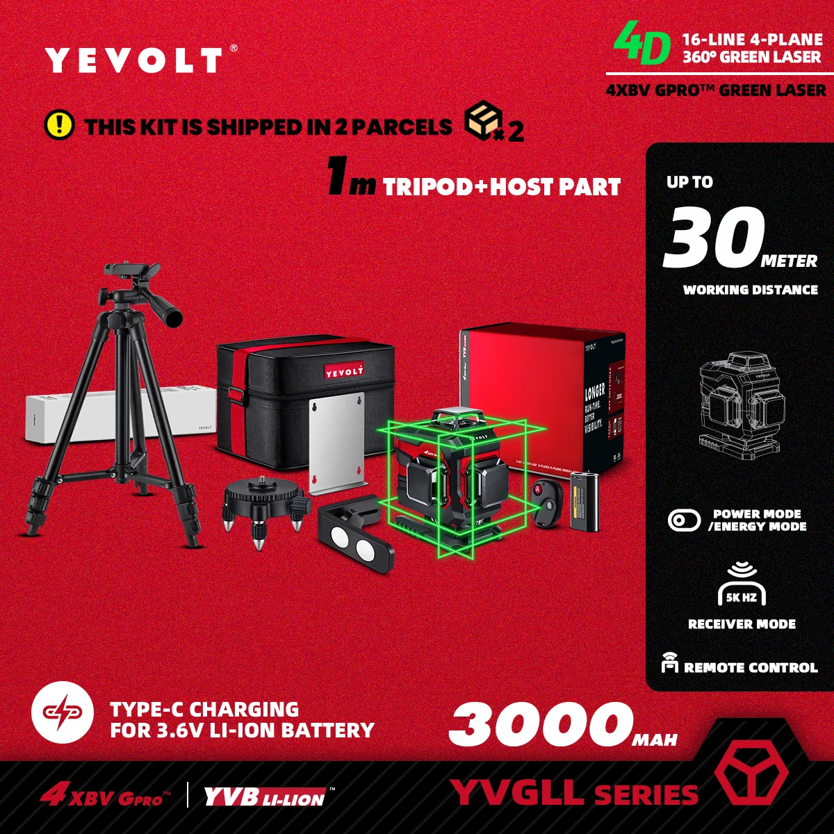 YEVOLT TL-YVGLL4XS16B1P Series Green Laser Level 4-Plane 16-Line Self-leveling 360 4D Power Measuring Tools-1M Aluminium Tripod