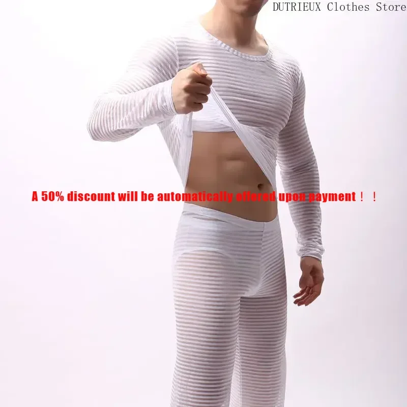 

Horizontal Stripes Elastic Tight Transparent Long Sleeve T-shirt Men Sexy See-through Men's T-shirt Bar Club Party Clothing Top