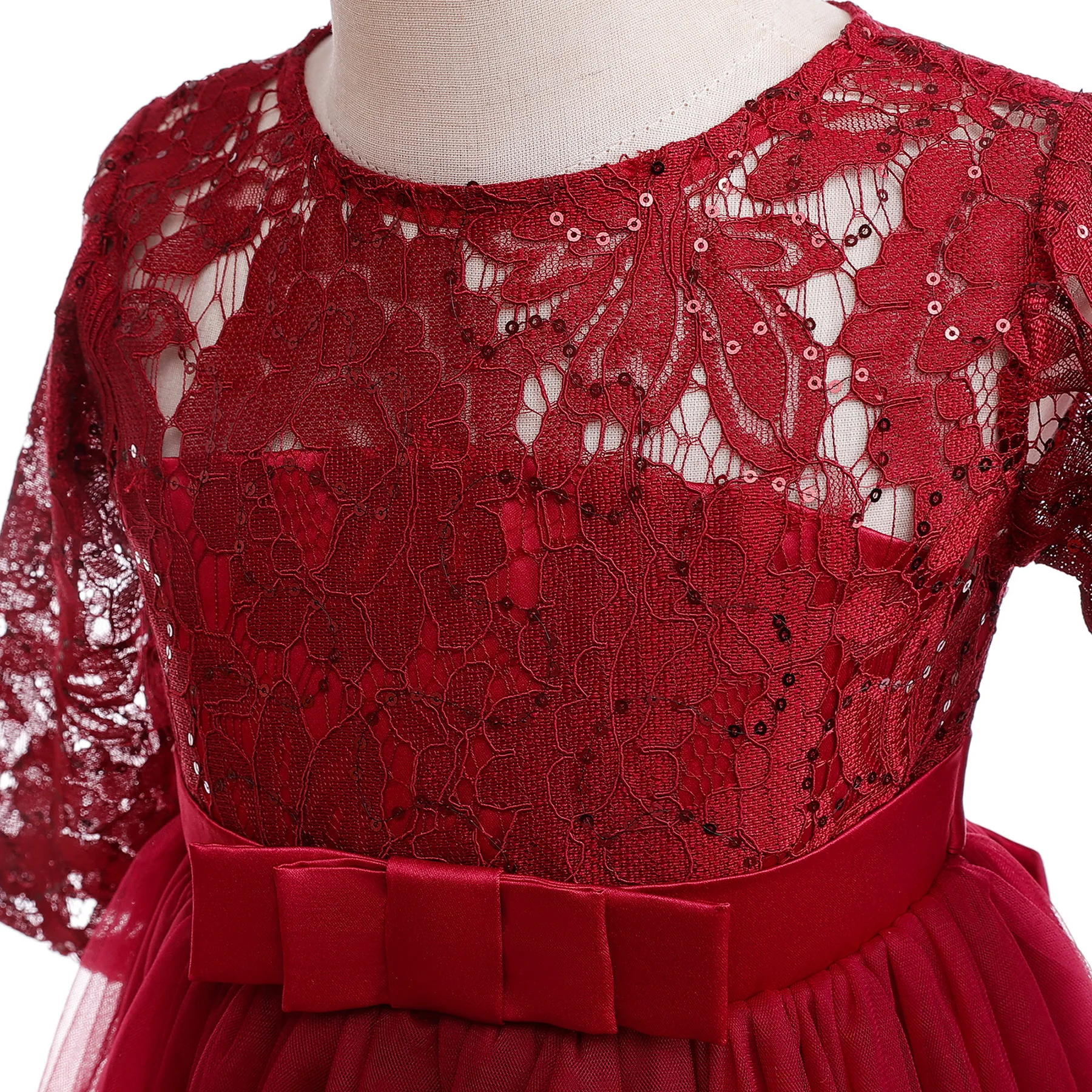 HETISO Kids Girls Princess Dress Hollow Lace Christmas Halloween Fancy Party Gown Long Sleeve Red Tulle for 6 8 10 12 Years