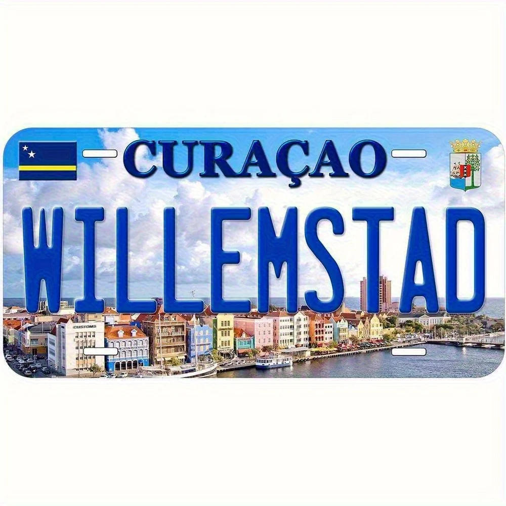 Curacao Willemstad Vintage Metal Car License Plate - Colorful Cityscape Design, Standard US Size, Durable Iron Wall-Mounted Deco
