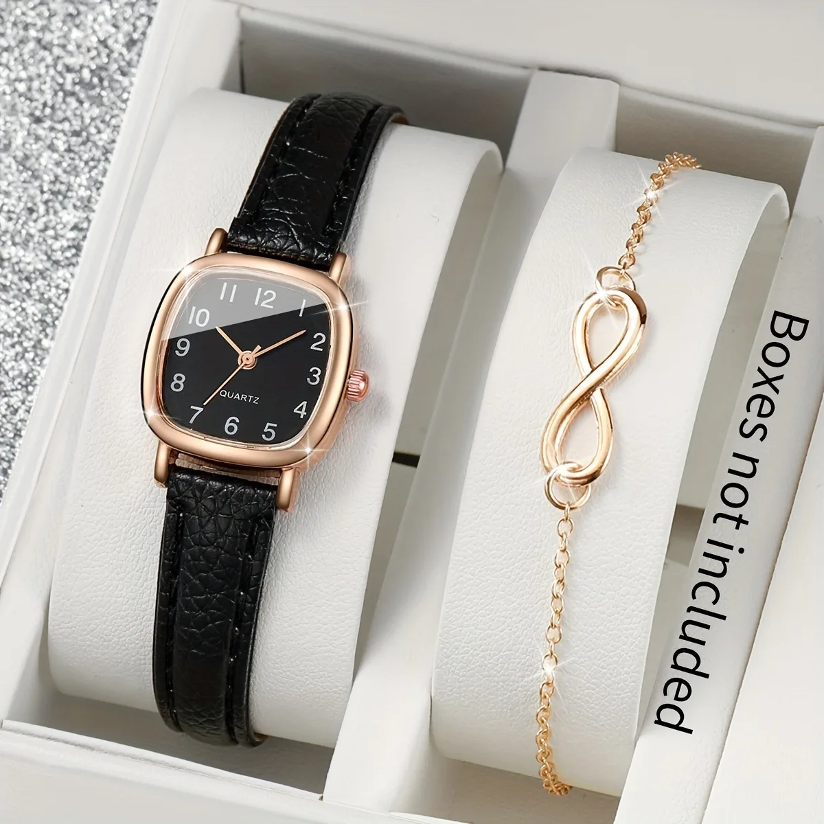 2pcs Elegant and stylish square quartz watch 8 figure engraved bracelet, ideal gift for any occasion