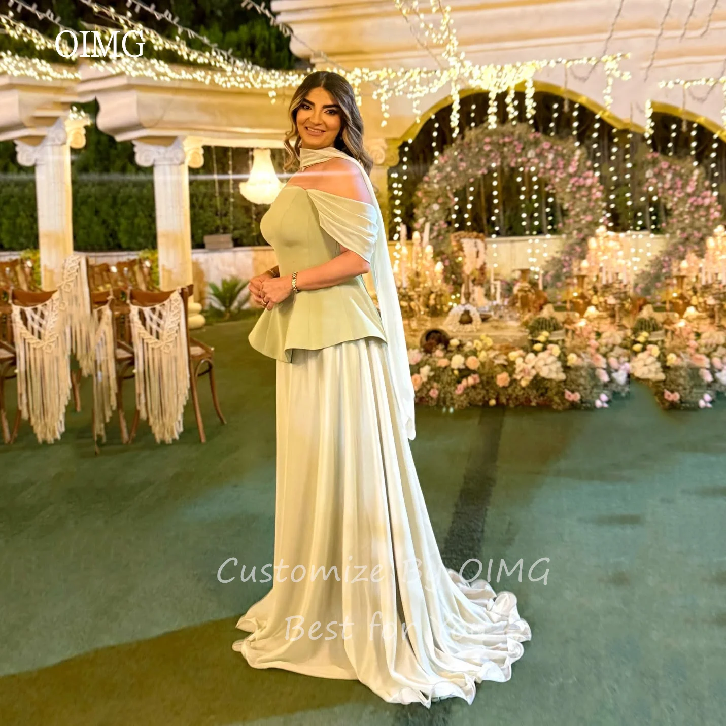 OIMG Verde Al Largo Della Spalla Una Linea di Abiti di Promenade Backless Increspato Abito Del Partito Abito Da Sera Lungo abiti da festa Personalizzato