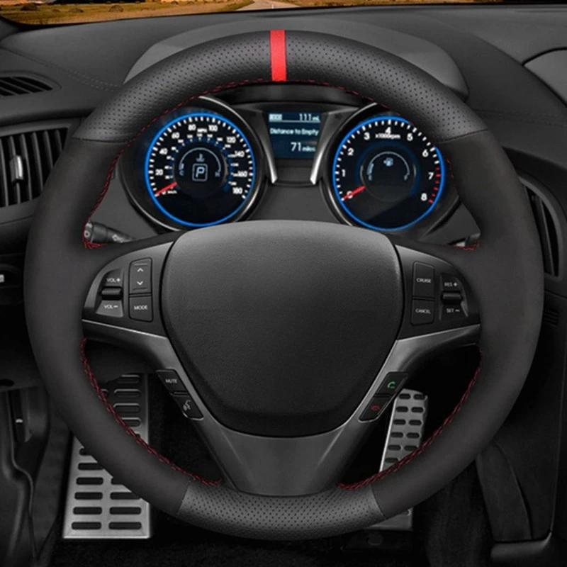 Car Steering Wheel Covers DIY Soft Black Genuine Leather Suede For Hyundai Genesis Coupe 2010 2011 2012 2013 2014 2015-2016