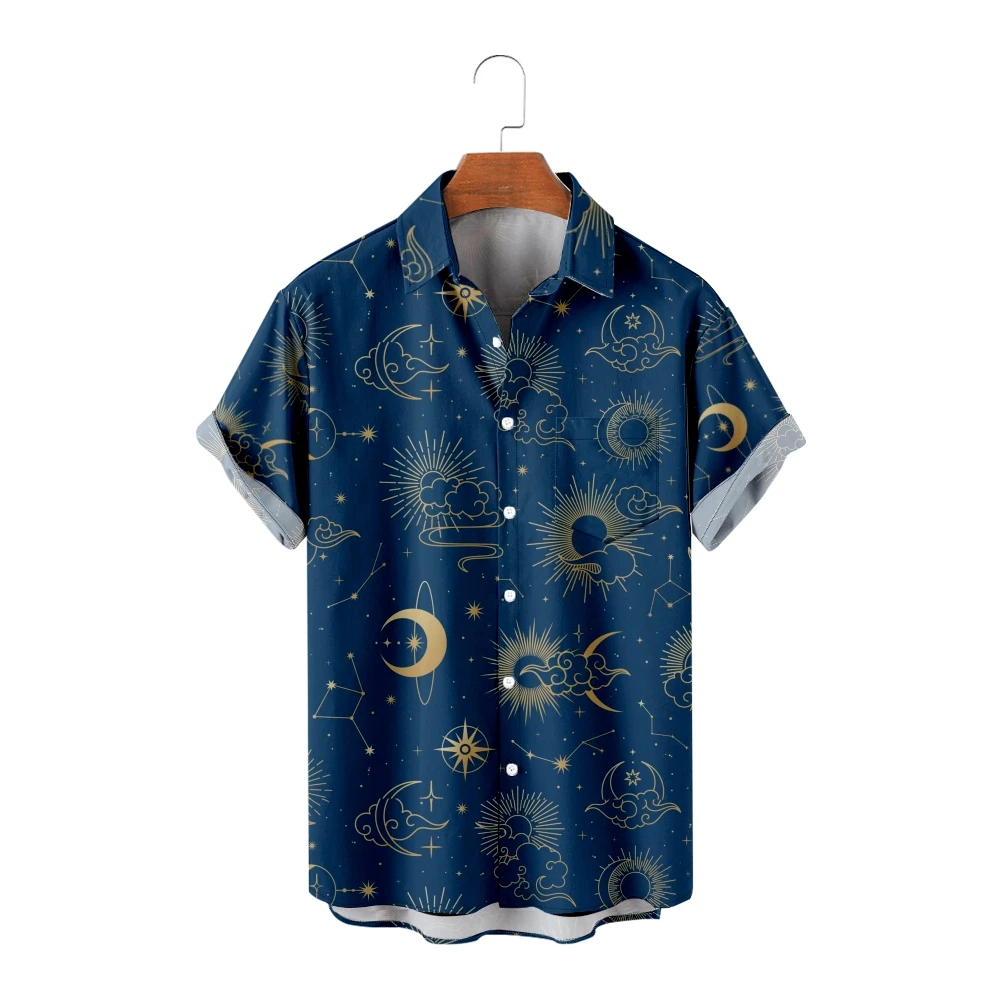 

Casual Hawaiian Shirt For Men Star Moon Pattern Stripe 3D Printed Harajuku Street Hombre Fashion Beach Oversized Clothes