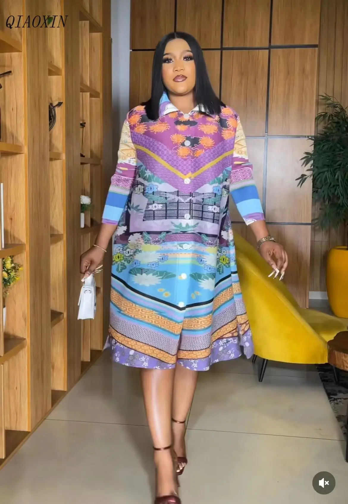 

Miyake Pleated 2024 Spring New Print Long Sleeve POLO Collar Cardigan Midi Print Slim Fit Retro Fashion High Street Dress