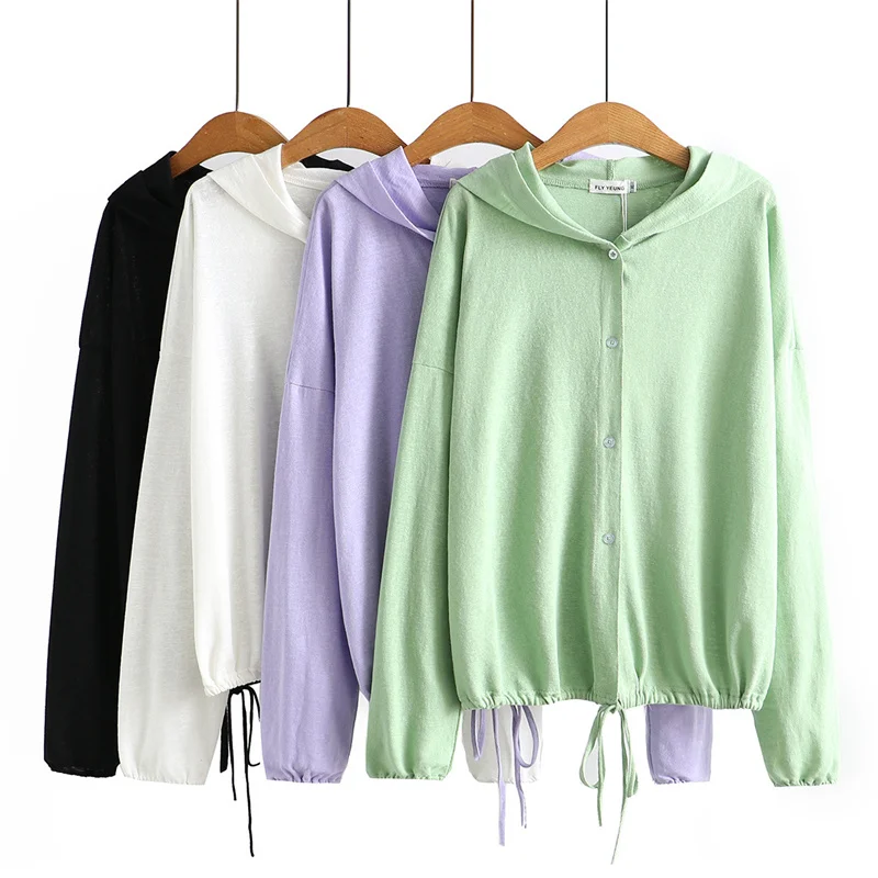

Knit Cardigan Jackets Women's Thin Hooded Sunscreen Shirt Solid Color Summer Breathable Long Sleeve Single Breasted Tops JH543
