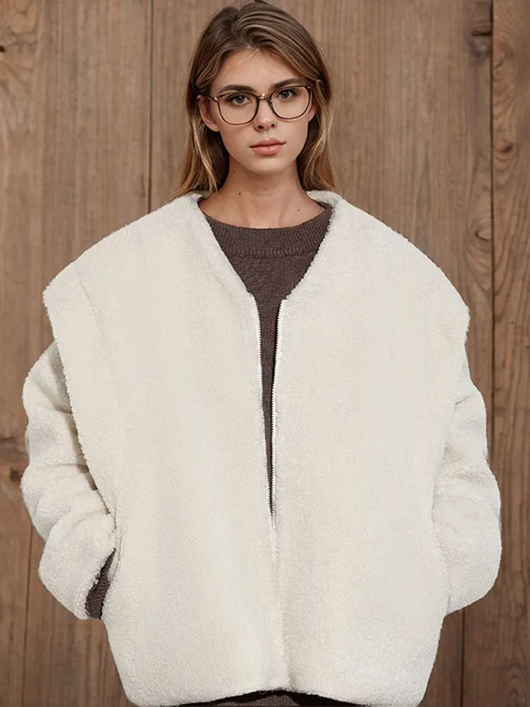 

New Women's Lamb Fleece Jacket Autumn Winter Solid Fashion V-Neck Zipper Outerwear Warm Plush Jackets Harajuku Casual Thick Coat