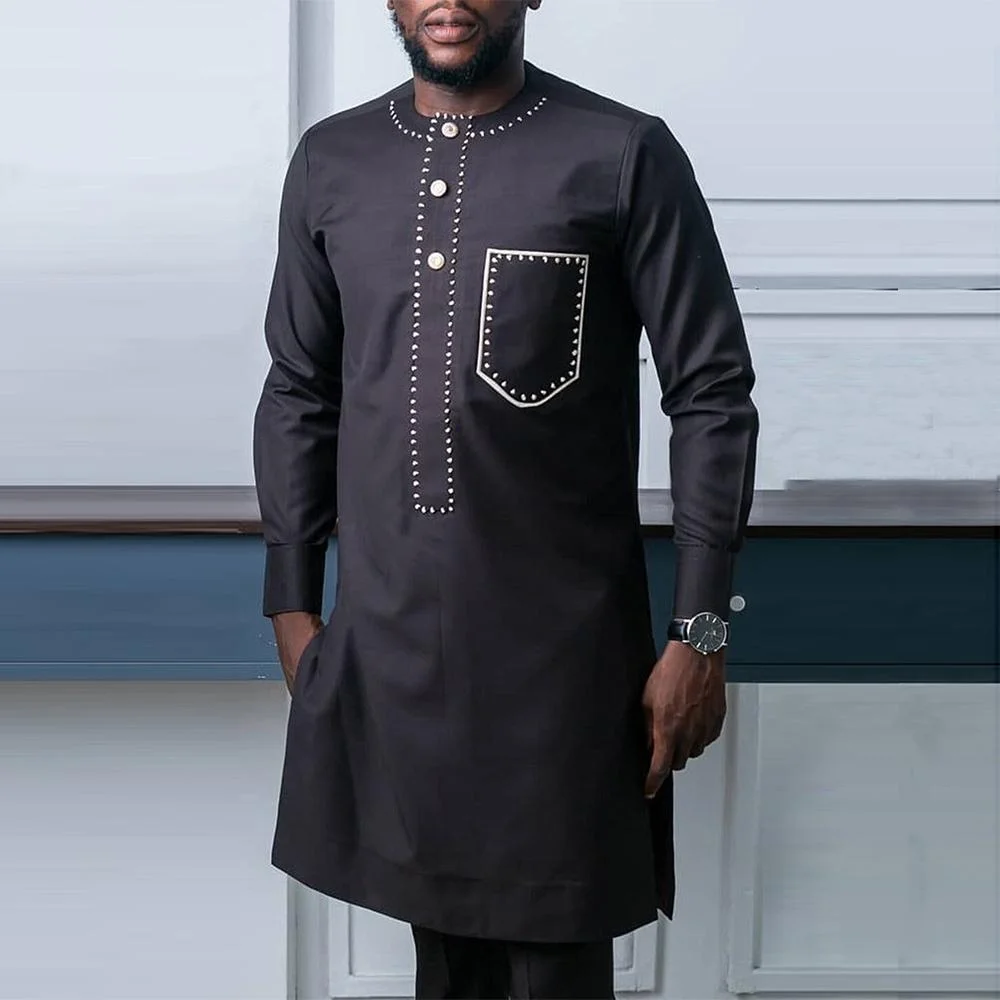 Kaftan-Conjunto de 2 piezas para hombre, traje de cuello redondo, elegante, de manga larga, ajustado, clásico, ropa tradicional