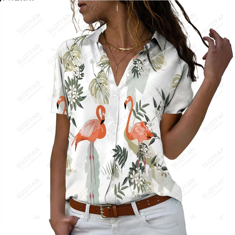 T-shirt flamant rose hawaïen pour femme, impression numérique 3D, chemise décontractée à revers pour femme, haut à manches courtes, été, nouveau style, 2024