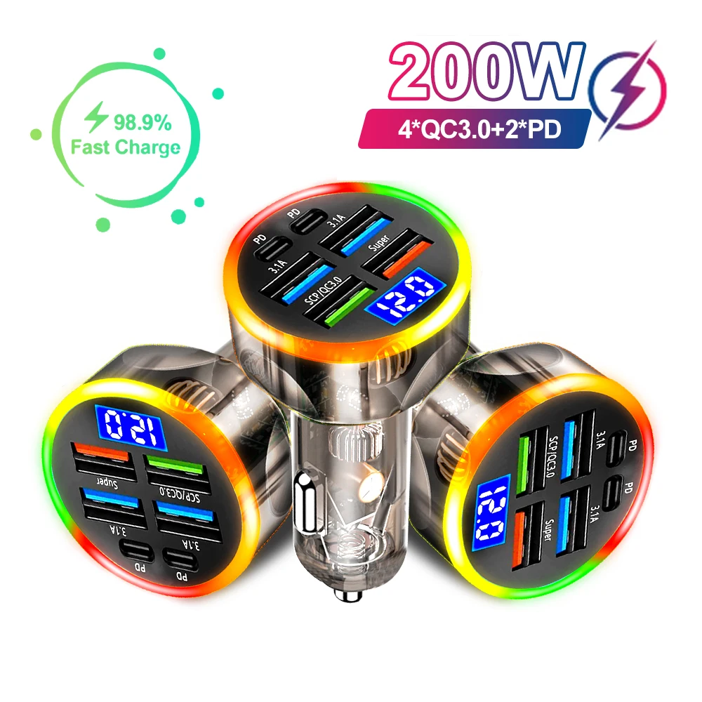6 Ports Auto ladegerät 200w schnell aufladbare digitale Spannungs anzeige pd qc3.0 usb c mit Umgebungs licht adapter für iPhone Samsung