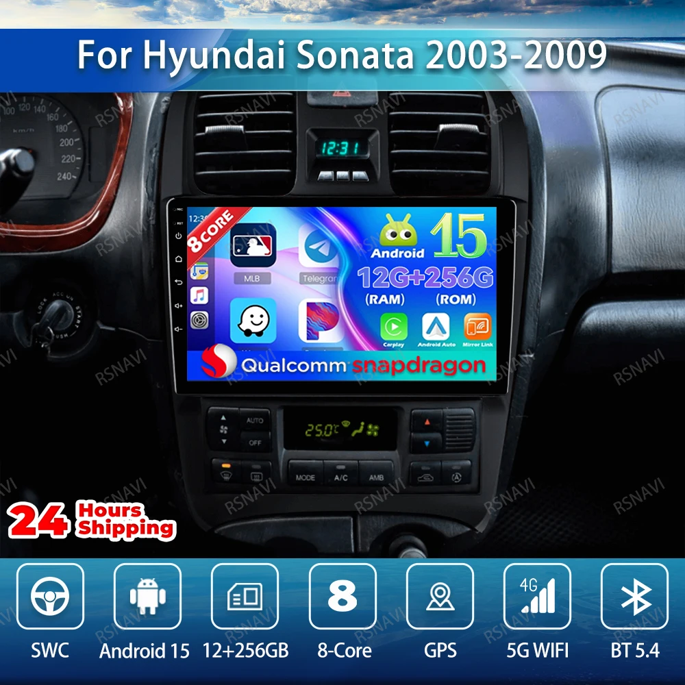 Автомобильный радиоприемник Android 15 для Hyundai Sonata 2003-2009 WIFI + 4G LTE Carplay, голосовой прибор DSP AI Voice Snapdragon 360, камера без 2DIN IPS