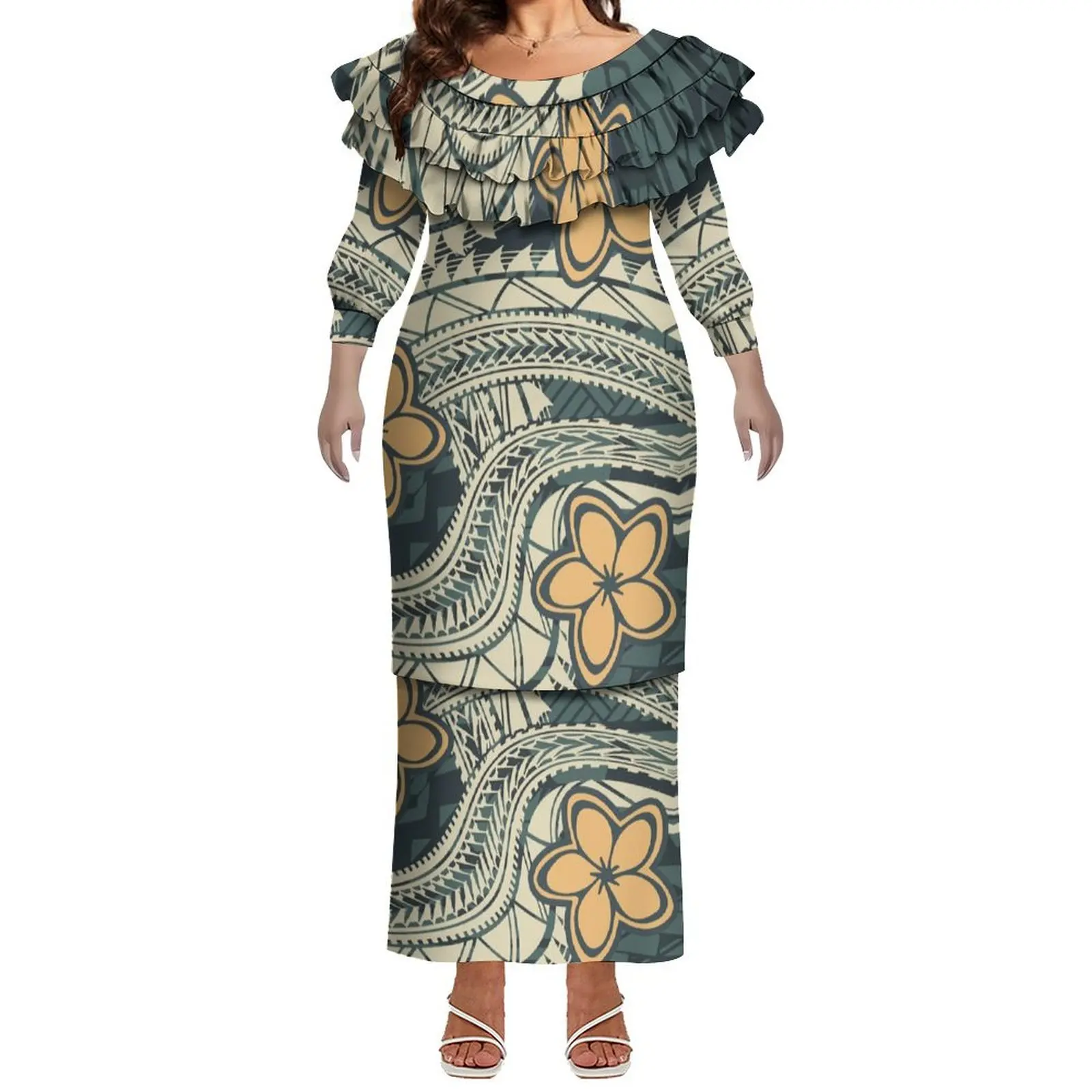 Novo vestido de design da ilha do pacífico polinésia puletasi vestido senhora dupla camada plissado tripulação pescoço vestido ilha de páscoa roupas 2 peças