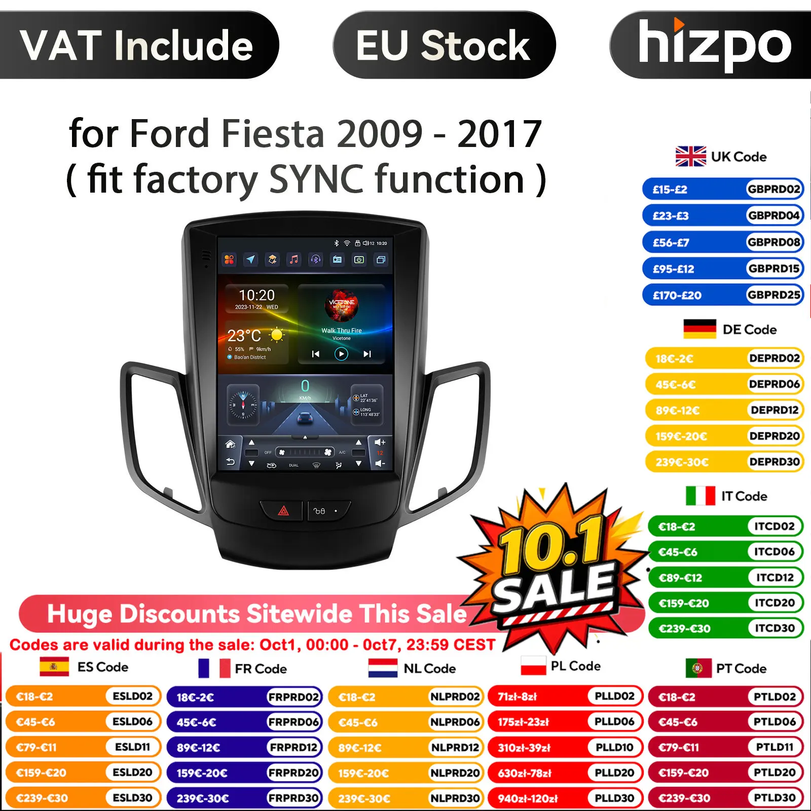 Hizpo Autoradio Android AI Carplay da 9,7 pollici per Ford Fiesta 2009 -2017 SYNC Lettore multimediale Unità principale di navigazione Audio stereo
