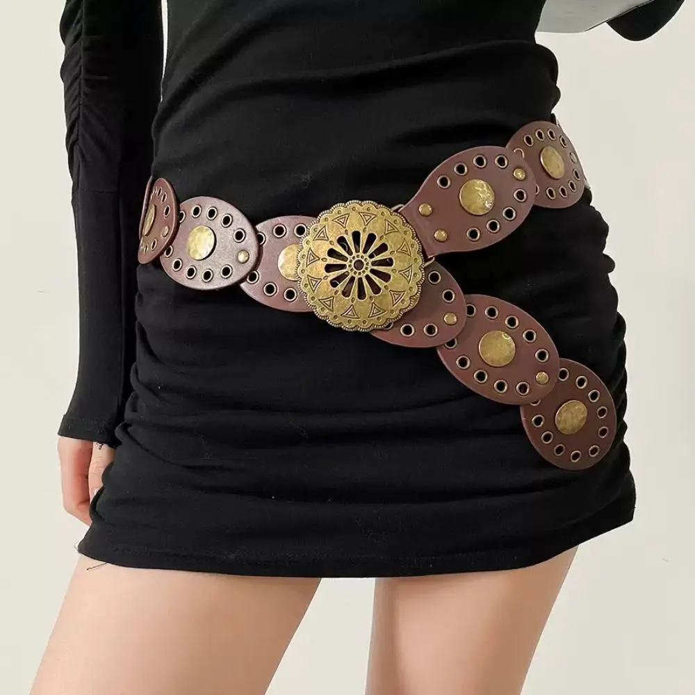 

Casual Metal Western Style Cowboy Belts Round Y2K Hollow Out Belts Wide PU Leather Ethnic Style Waistband Jeans Decorative