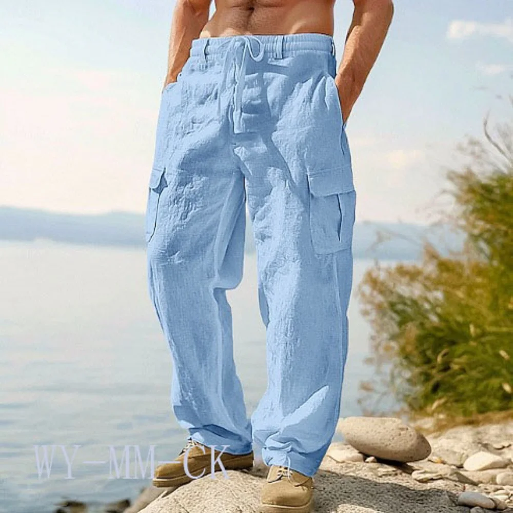 Pantalones de algodón y lino para hombre europeos y americanos, pantalones de trabajo multibolsillos, pantalones deportivos y casuales de corte recto y holgado.