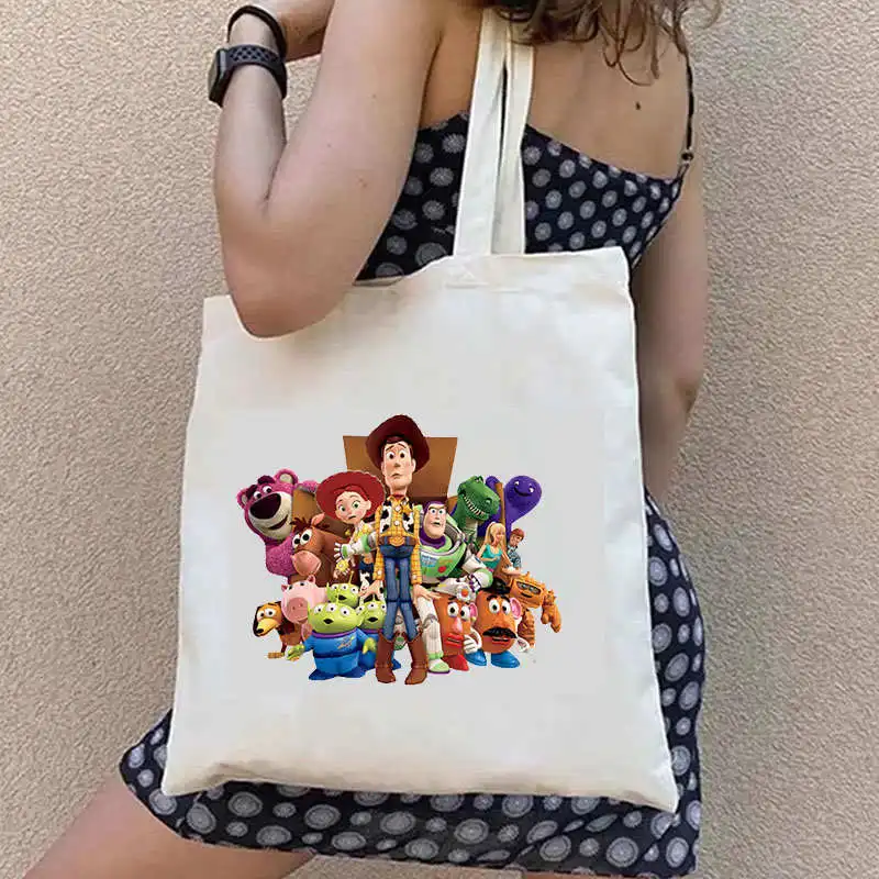 MINISO Disney Toy Story Pattern Printed Women Shoulder Bag Kawaii Shopper Shopping Canvas Bag Shoulder Bag Fashion Girl Handbags