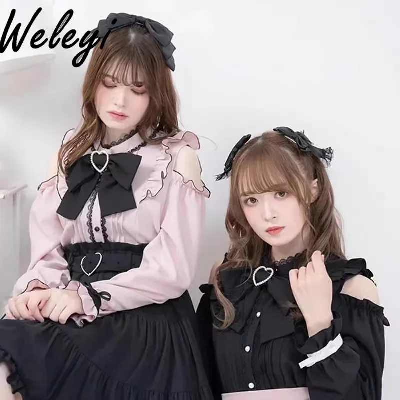 Super süße Mine Lolita Shirts japanische neue süße Traum Aussicht von der Schulter lang ärmel ige Chiffon Inner wear Koszule i Bluzki Tops