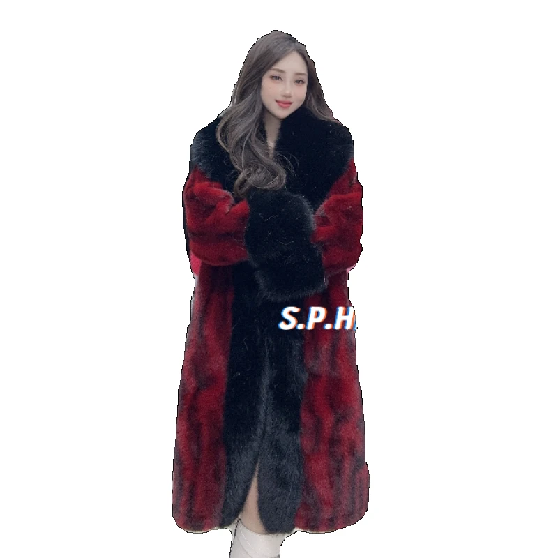 Fashion Water Ripple Faux Fur Coat Women 2024 Winter New Red Fur Thicken Big Fur Collar Long Sleeve European Mink Coat Female