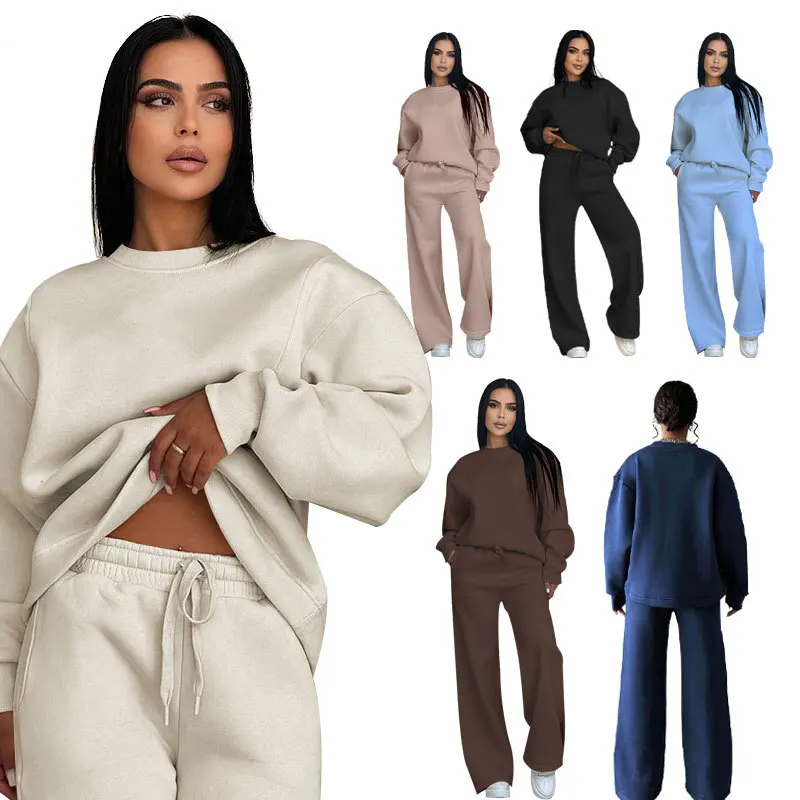 

Autumn and Winter New Solid Color Round Neck Long Sleeve Loose Women's Clothing Fashion Casual Wide Leg Pants Set