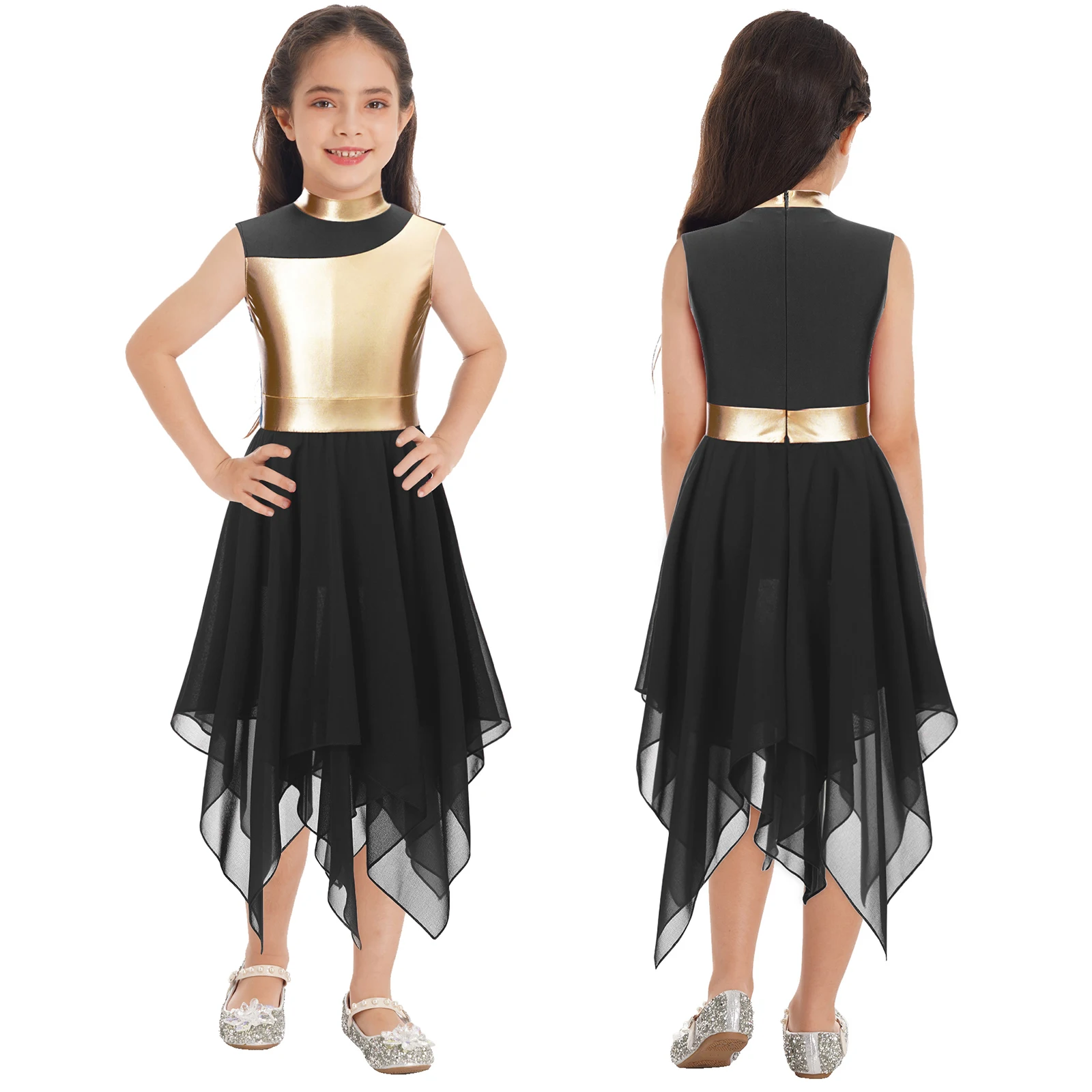 Kinder Mädchen zeitgenössische lyrische Tanz kleid Kirche Lob Tanz kleidung Metallic ärmellose Patchwork Chiffon Saum Christian Kleid