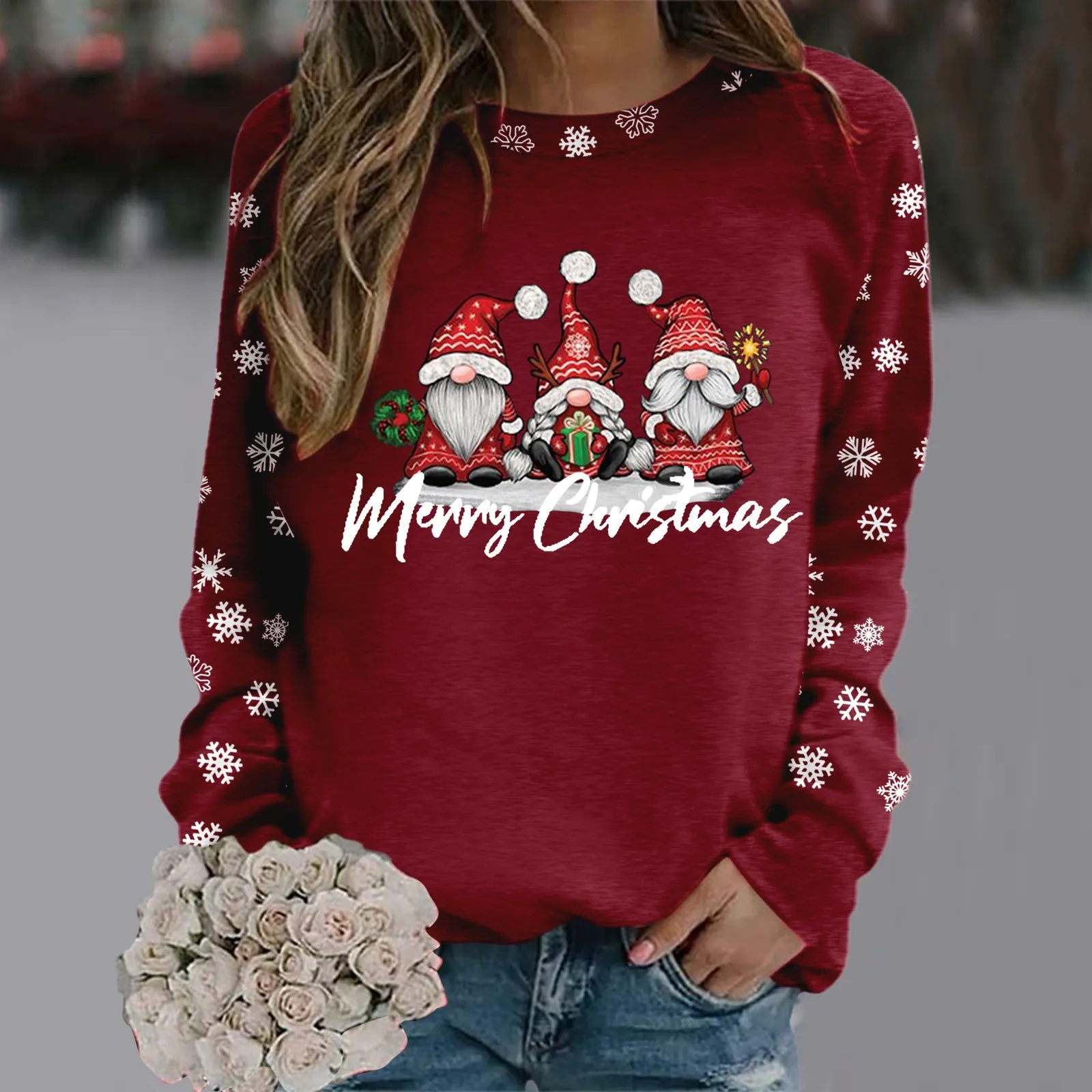 2024 Autumn Pullover Tops Christmas Snowflake Letter Print Gnome Graphic Casual Women\'s Clothes Long Sleece Crewnecek Sweatshirt